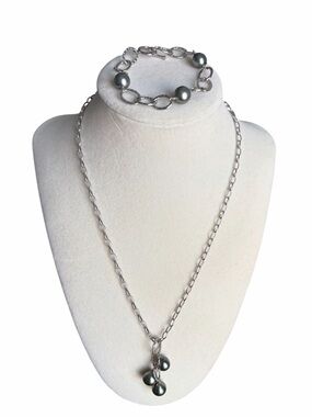 Tahitian Black Pearls Italy 925 Oval Link Necklace & Bracelet